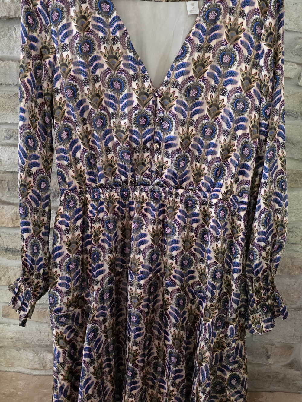 Scotch & Soda Floral V-Neck Long Sleeve Dress in Blue and Cream